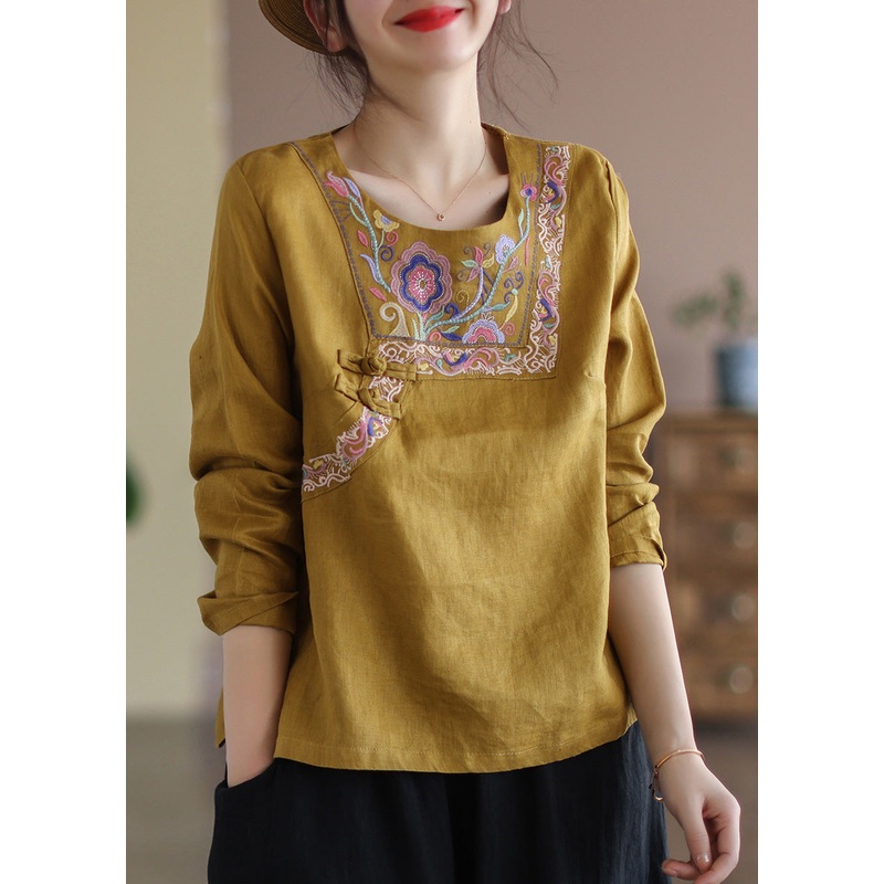 Classy Yellow O-Neck Embroideried Floral Linen Tops Long Sleeve