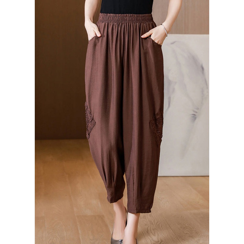 Coffee Elastic Waist Linen Lantern Pants Spring