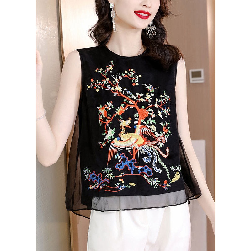 DIY Black O-Neck Embroideried Tulle Beach Vest Summer