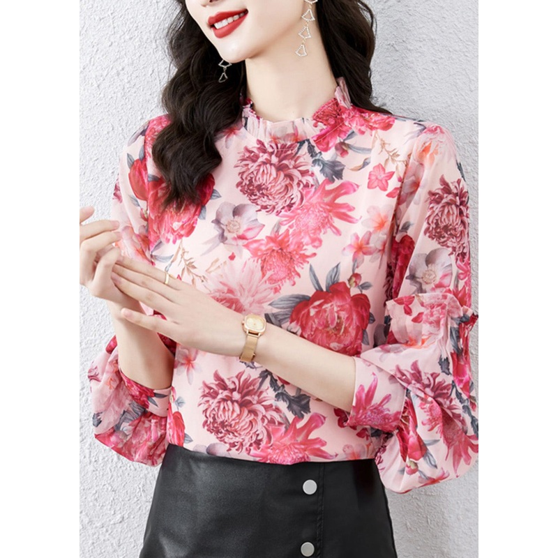 DIY Pink Stand Collar Print Chiffon Shirt Spring