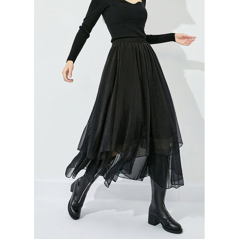 Elegant Black High Waist Layered Design Tulle Skirt Summer