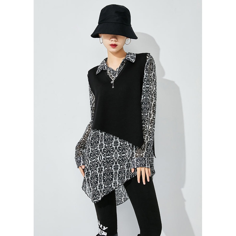 Elegant Black Print Asymmetrical Design Chiffon Two Piece Set Women Clothing Spring
