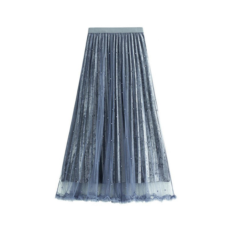 Elegant Grey Blue Elastic Waist Silk Velour Skirts Spring