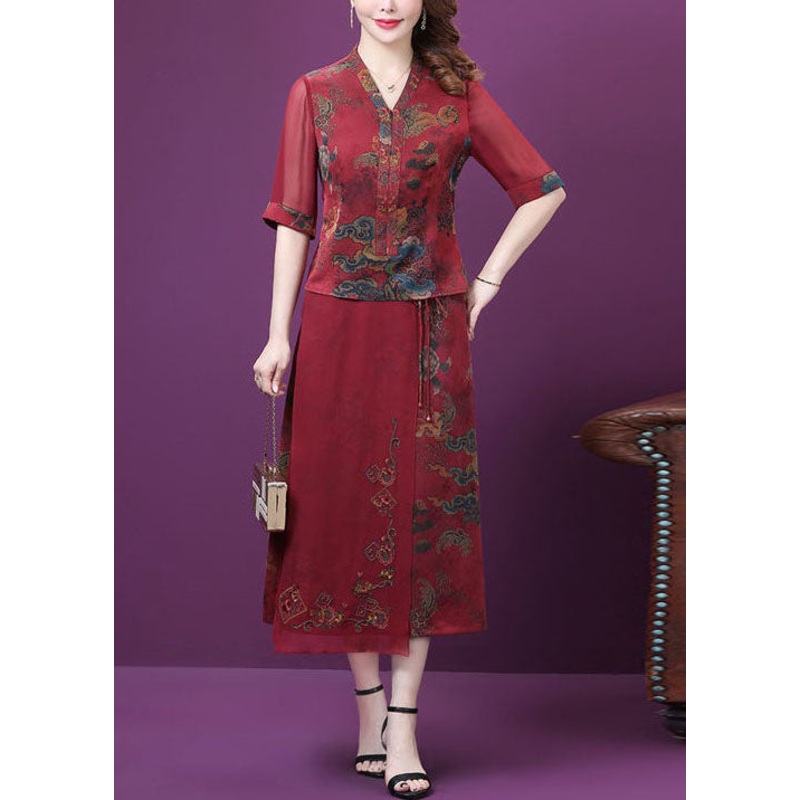 Elegant Red Print Patchwork Tops And Pants Silk Outfit Summer