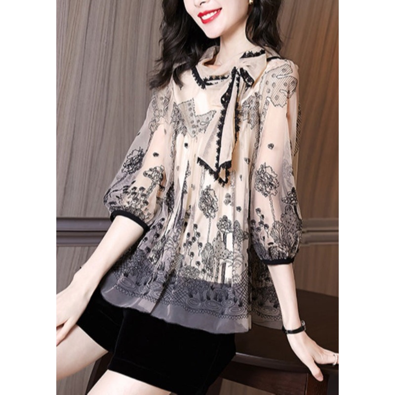 Fashion Apricot Print Lace Patchwork Bow Chiffon Shirts Half Sleeve