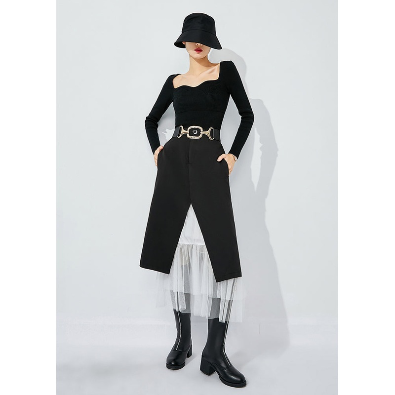 Fashion Black High Waist Tulle Patchwork Spandex Skirt Summer