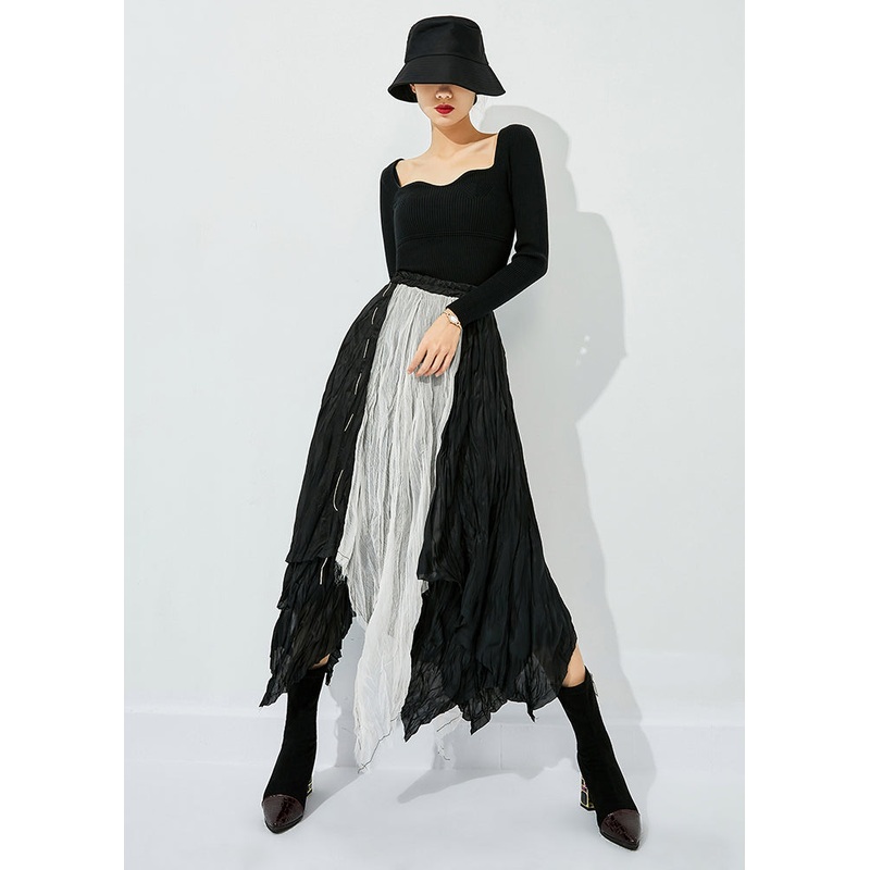 Fashion Colorblock Asymmetrical Patchwork Wrinkled Cotton Skirts Summer