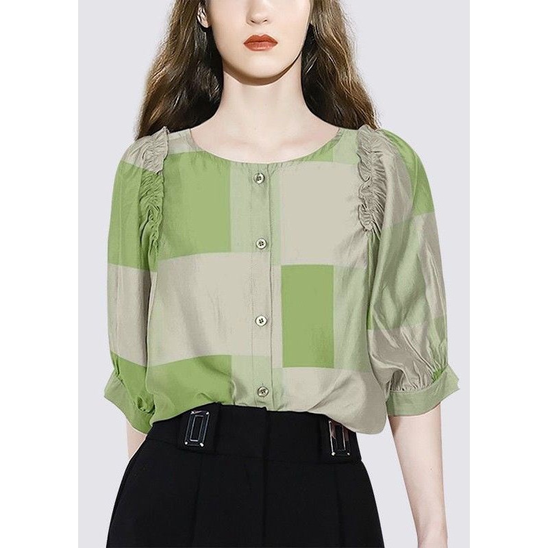 Fashion Green O Neck Ruffled Print Cotton Shirt Half sleeve
