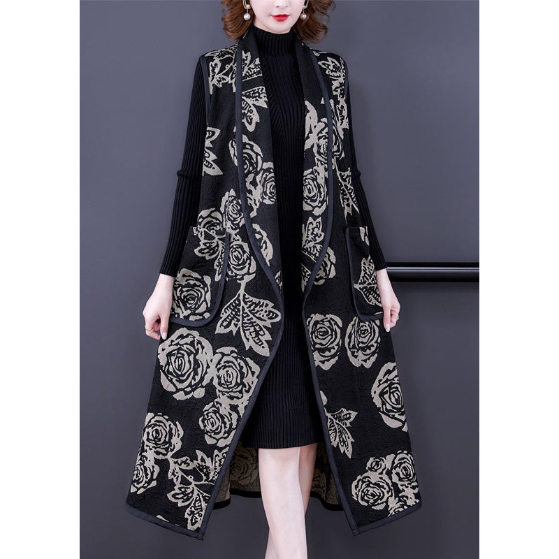 Fine Black V Neck Print Patchwork Long Knit Waistcoat Spring