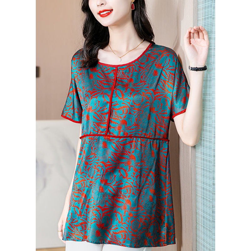 Fitted Blue Print Patchwork Silk Top Short Sleeve