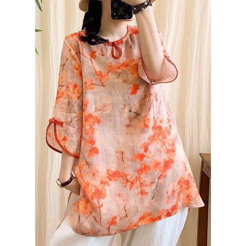 Fitted Orange Oversized Print Chinese Button Linen Blouse Tops Bracelet Sleeve