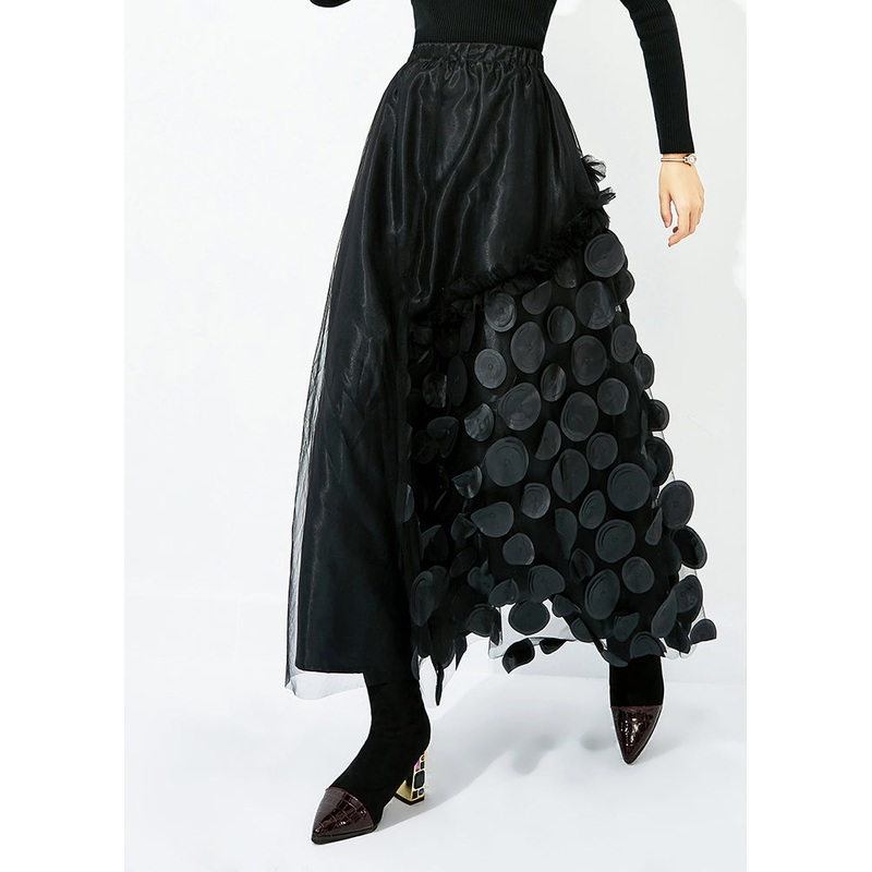 French Black Elastic Waist Patchwork Dot Tulle Vacation Skirts Spring