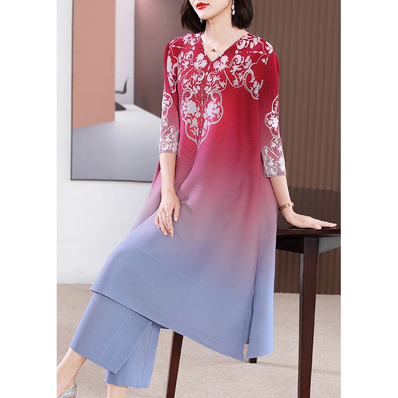 Gradient Color Rose V Neck Print Long Dress And Wide Leg Pants Two Pieces Set Spring