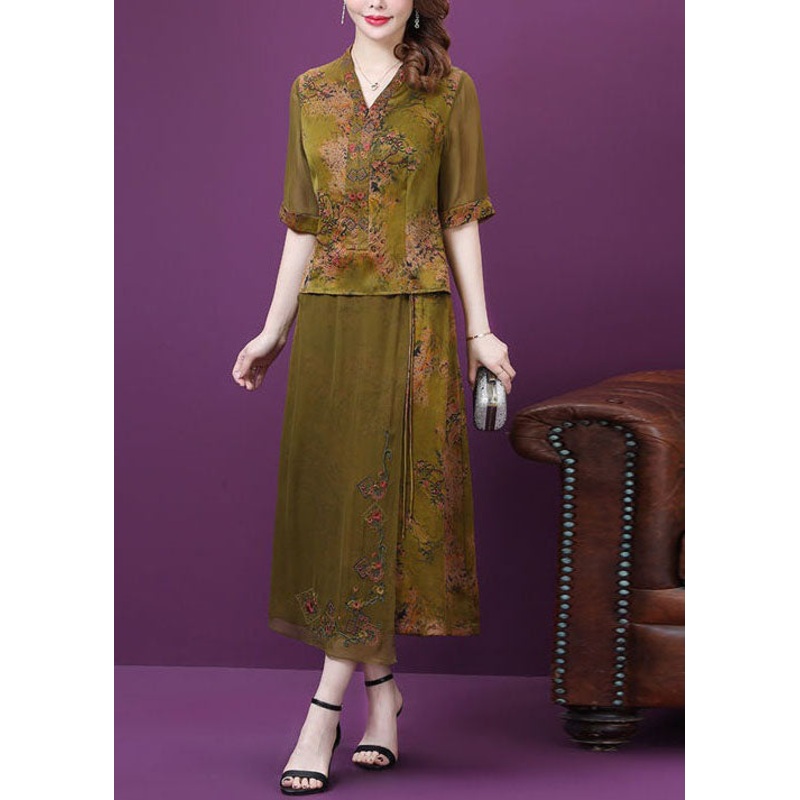 Green Print Patchwork Silk Two Pieces Set Tops And Pants Summer