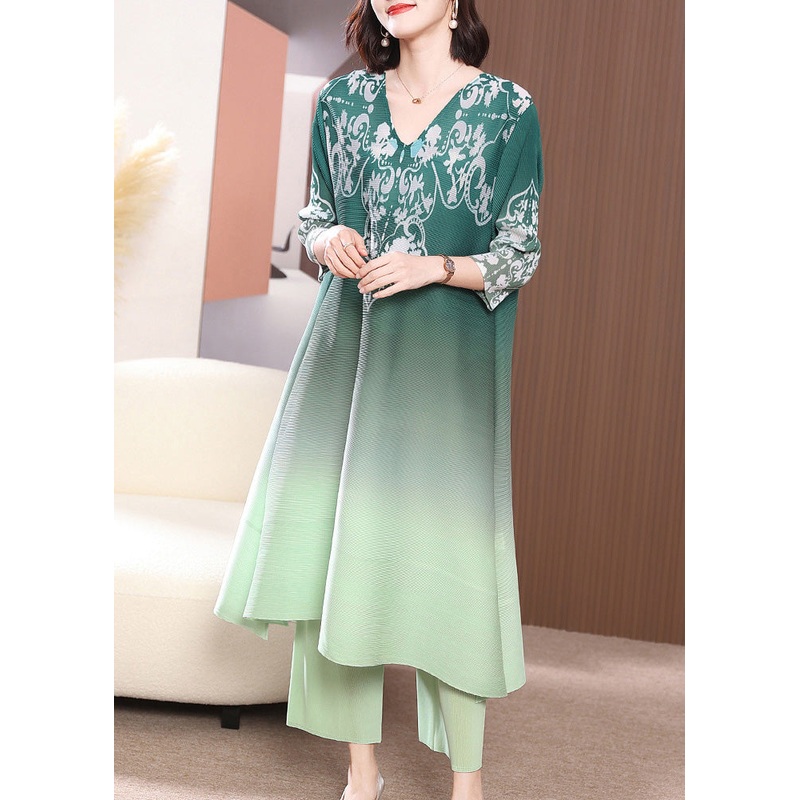 Green Side Open Long Dress And Wide Leg Pants Two Piece Set Half Sleeve