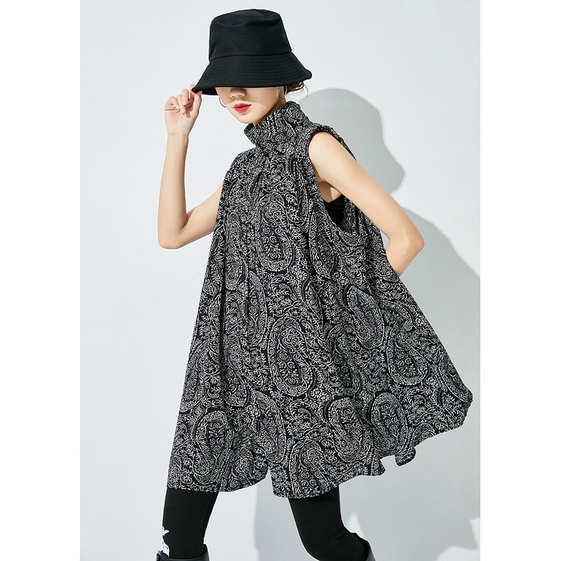 Handmade Black Oversized Print Cotton Shirts Sleeveless