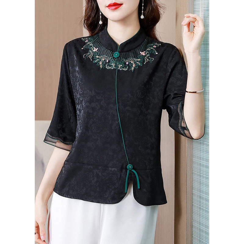Jacquard Black Stand Collar Embroideried Button Silk Velour Top Half Sleeve