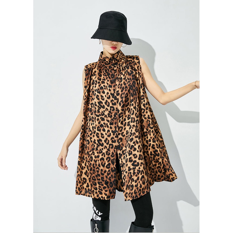 Leopard Print Cotton A Line Blouse Top Stand Collar Sleeveless