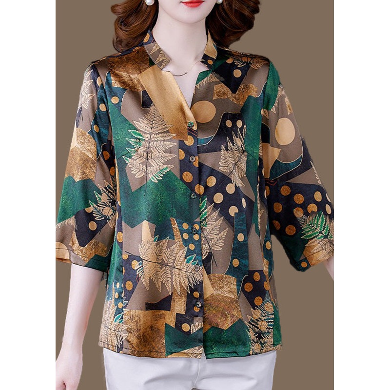Loose Green V Neck Print Button Silk Shirt Summer
