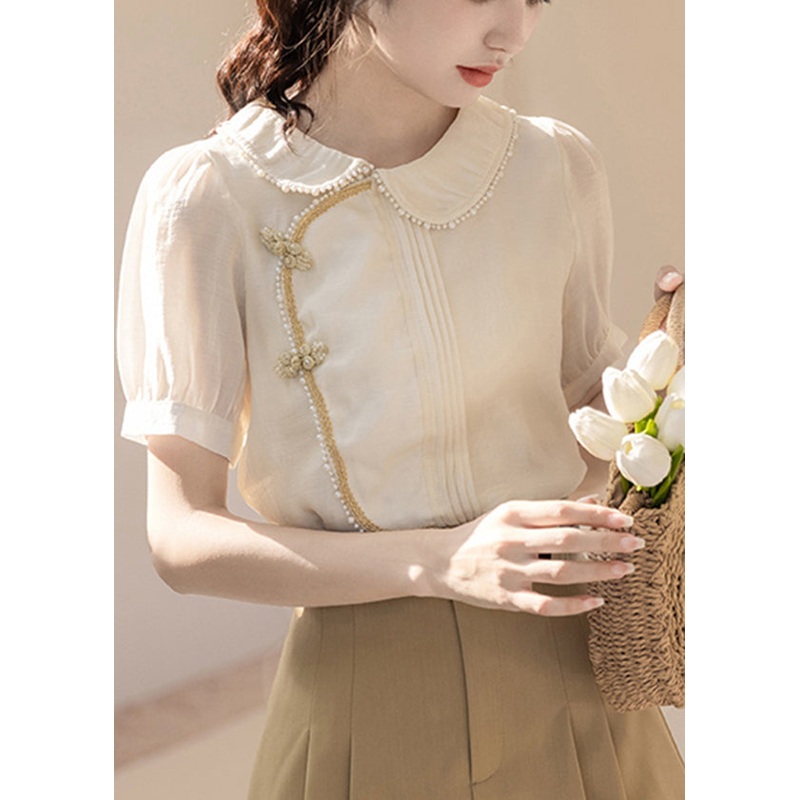 Modern White Asymmetrical Design Wrinkled Pearl Cotton Shirt Tops Puff Sleeve