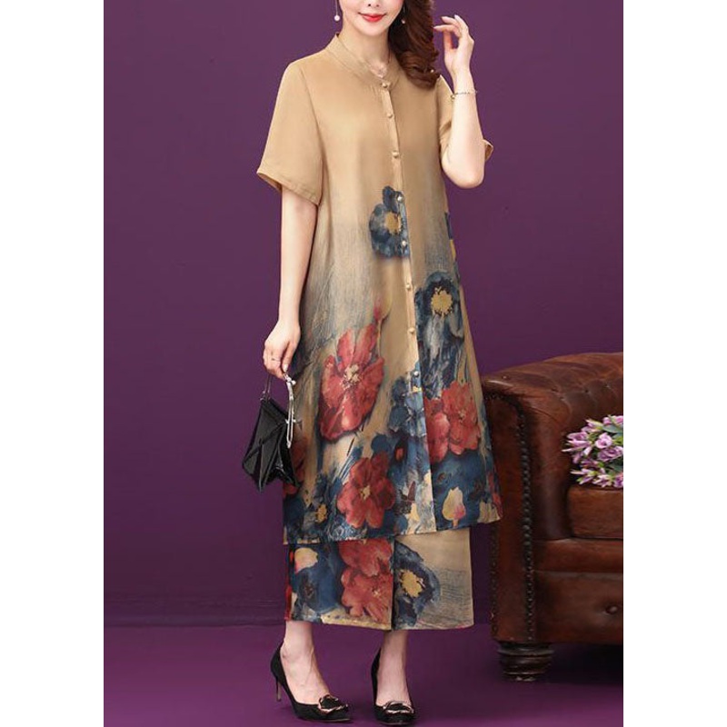 Natural Khaki Stand Collar Print Tops And Pants Silk Two Pieces Set Summer