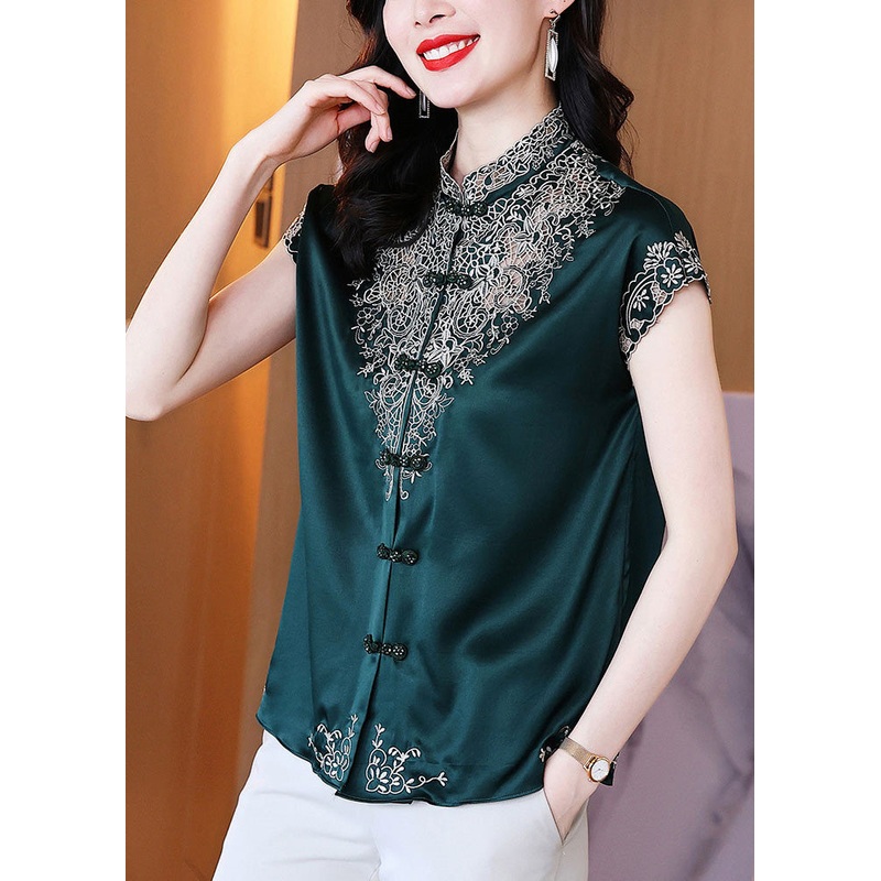 Organic Blackish Green Stand Collar Embroideried Hollow Out Button Silk Top Short Sleeve