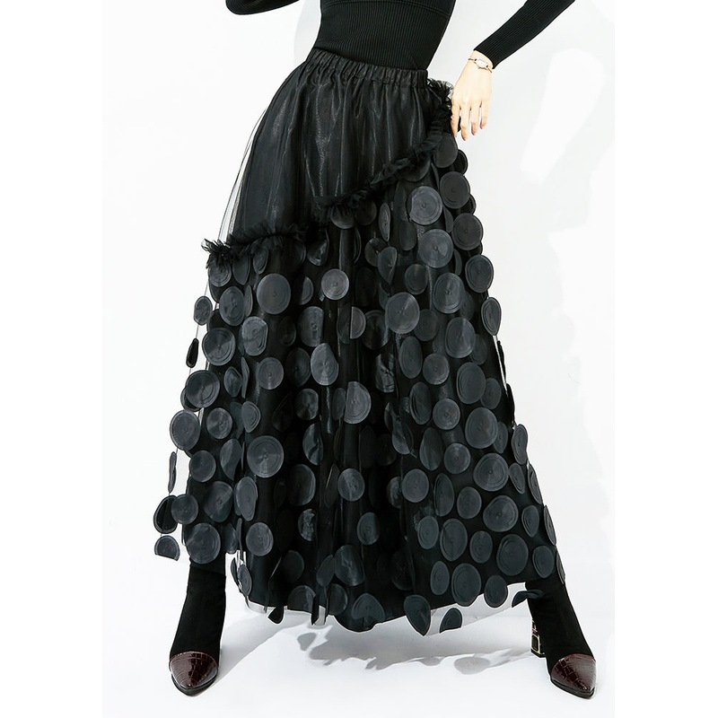 Original Design Black Elastic Waist Patchwork Wrinkled Tulle Skirt Summer