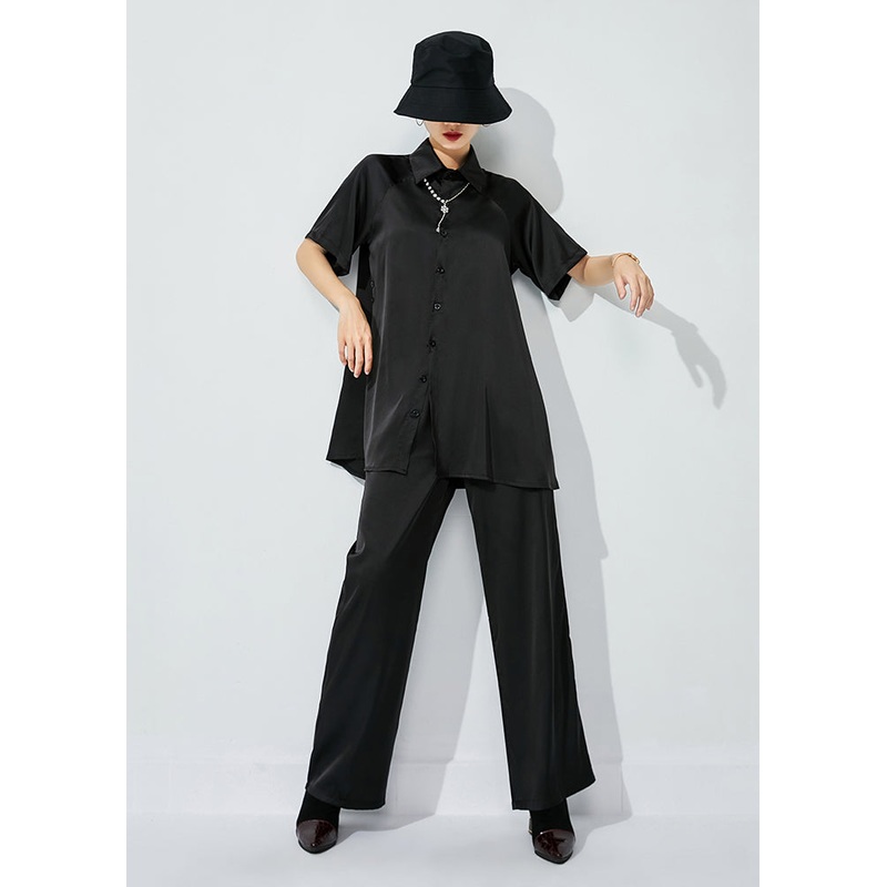 Plus Size Black Peter Pan Collar Draping Silk Two Pieces Set Spring