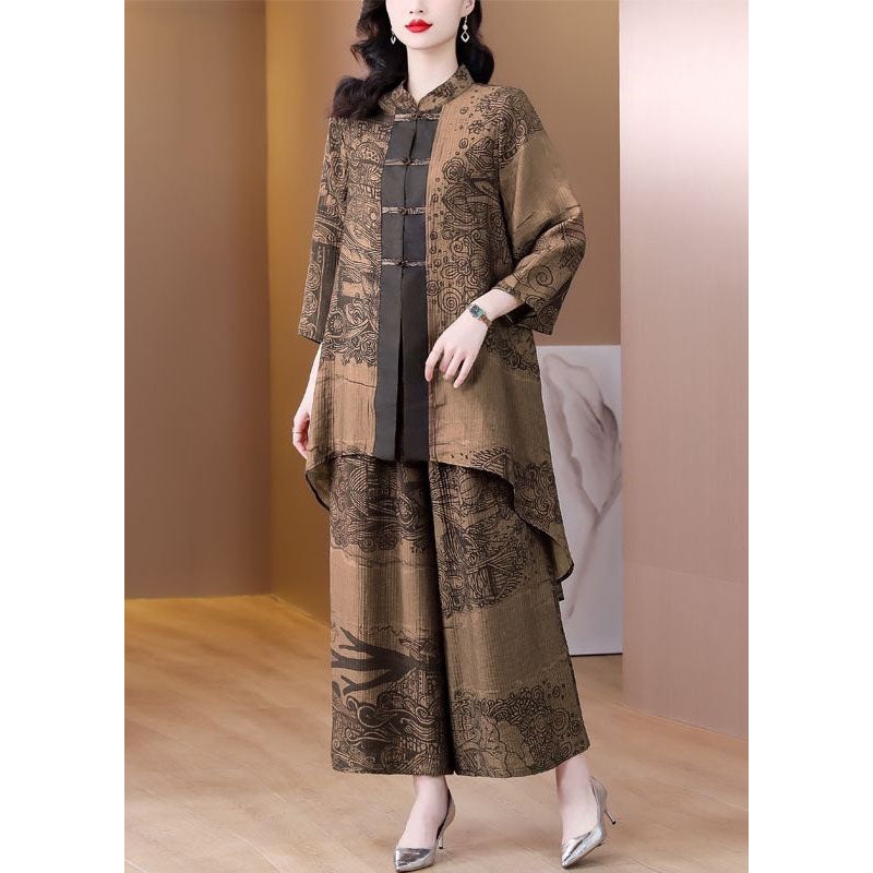 Retro Coffee Stand Collar Tops And Pants Silk Two Piece Set Spring