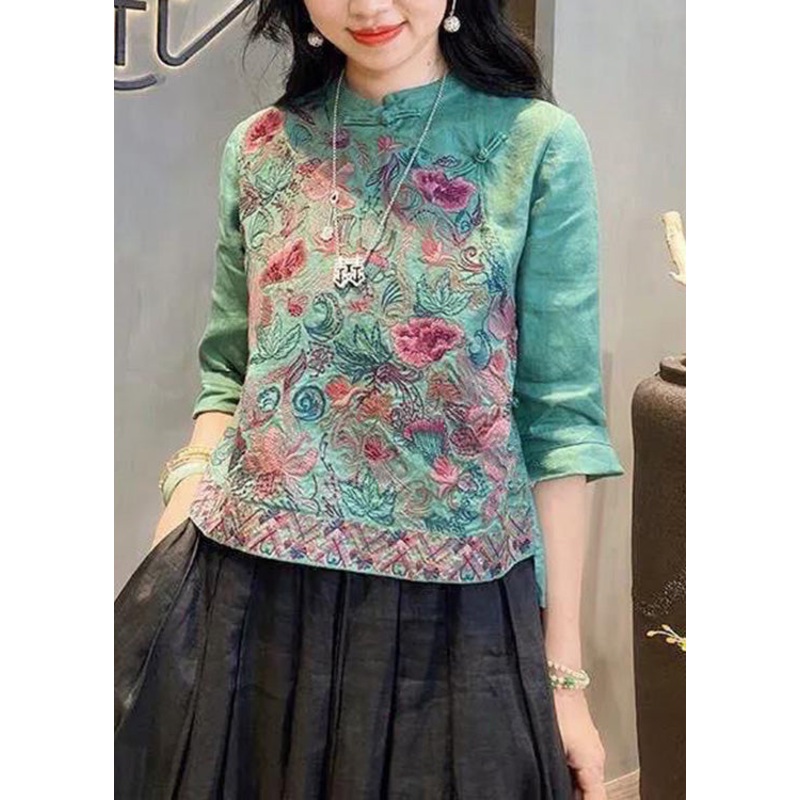 Retro Green Stand Collar Embroideried Button Linen Shirts Summer