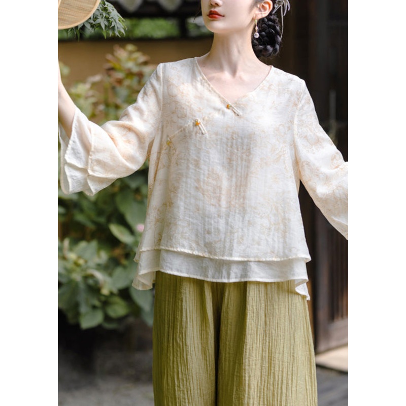 Retro Light Apricot V Neck Print Button Linen Shirts Spring