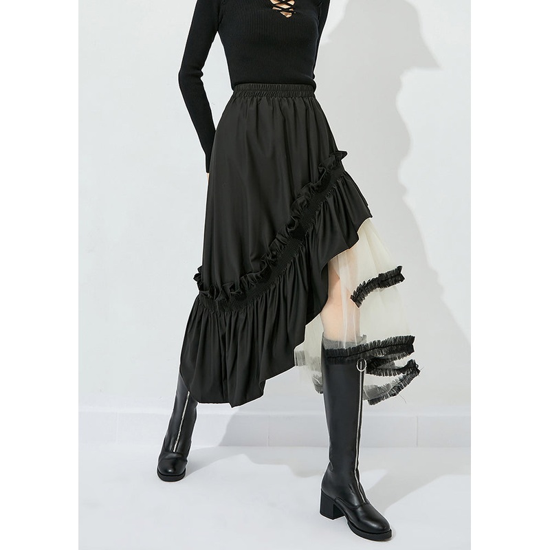 Style Black Asymmetrical Design Tulle Patchwork Ruffled Cotton Skirts Summer