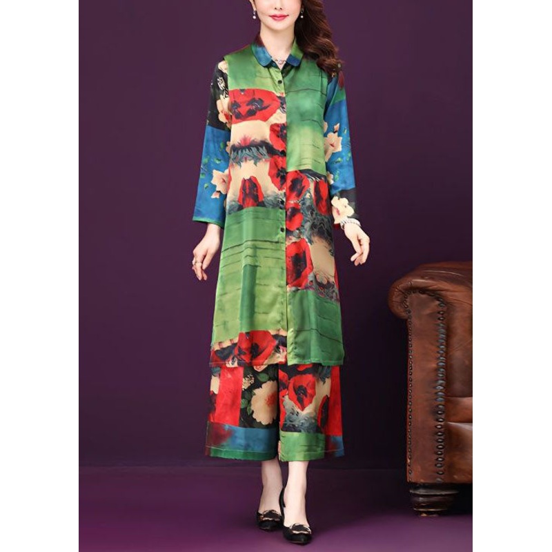 Style Green Peter Pan Collar Print Patchwork Silk Two Pieces Set Summer