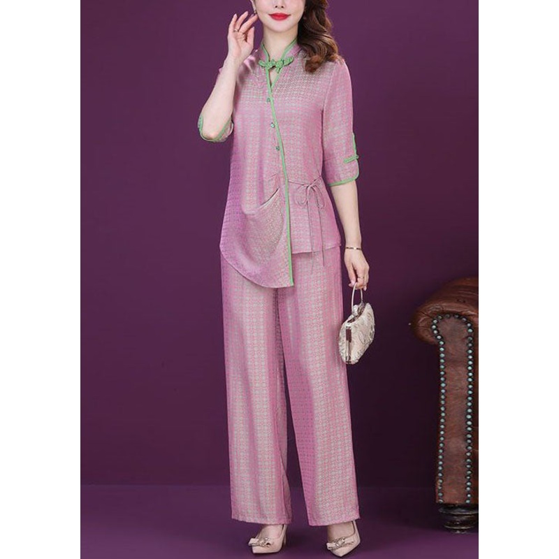 Style Pink Chinese Button Tops And Pants Silk Two Pieces Set Spring