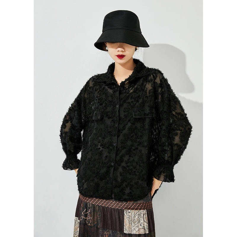 Stylish Black Oversized Jacquar Hollow Out Lace Shirt Top Spring