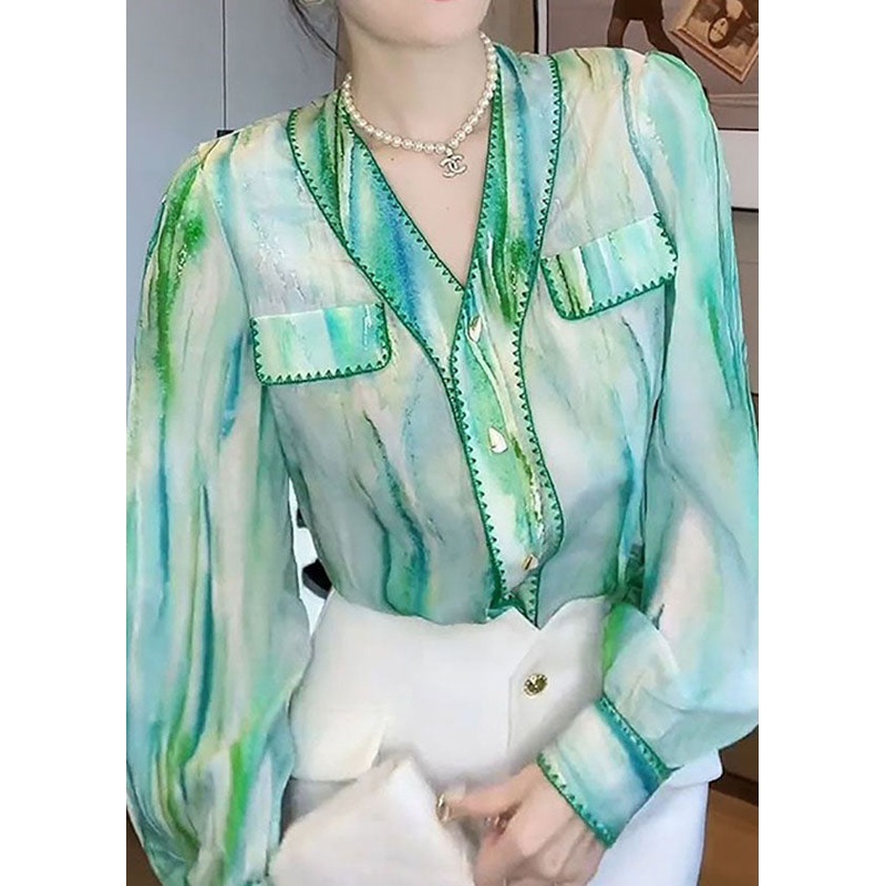 Stylish Green V Neck Patchwork Chiffon Shirt Top Spring