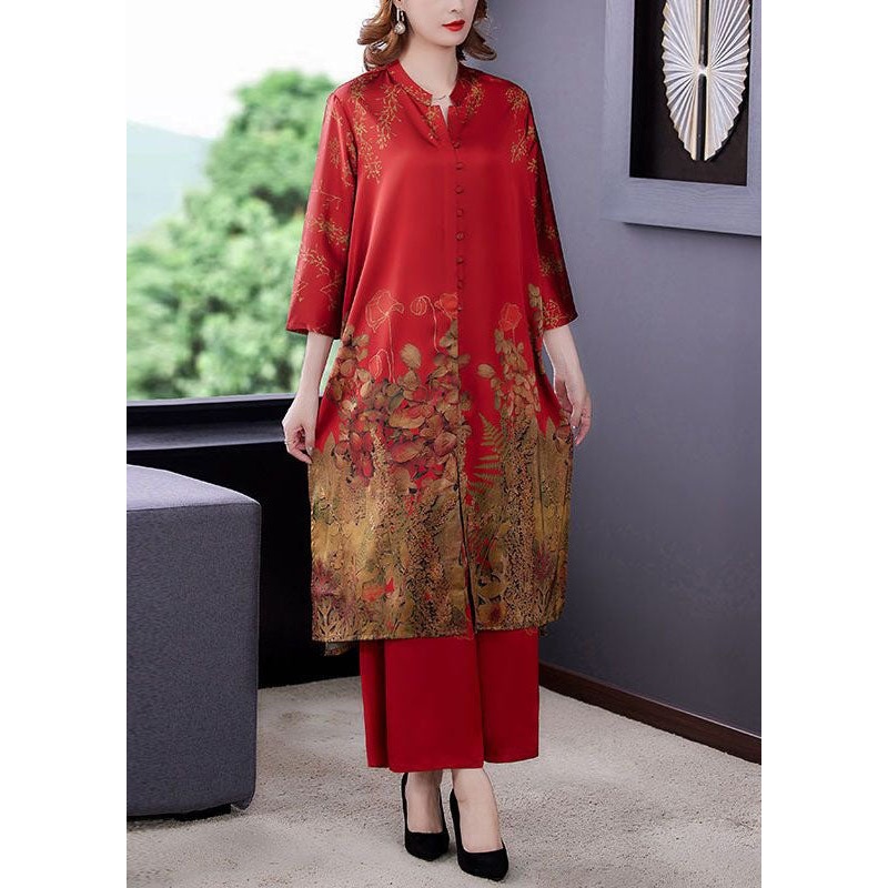 Unique Red Print Button Patchwork Silk Two Pieces Set Spring
