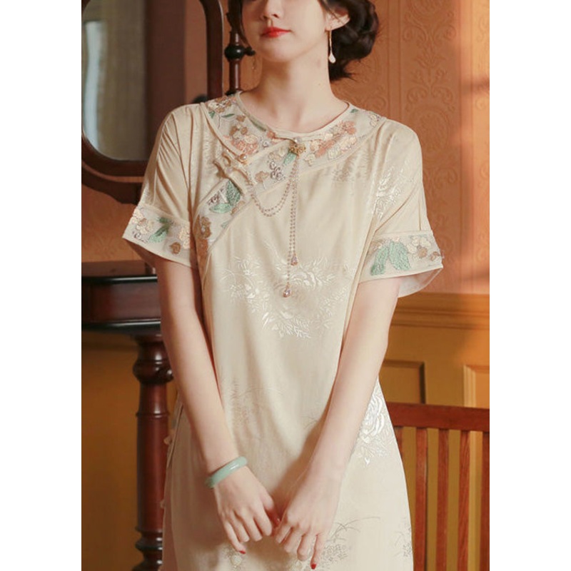 Vintage Beige O-Neck Embroideried Side Open Button Silk Maxi Dresses Short Sleeve