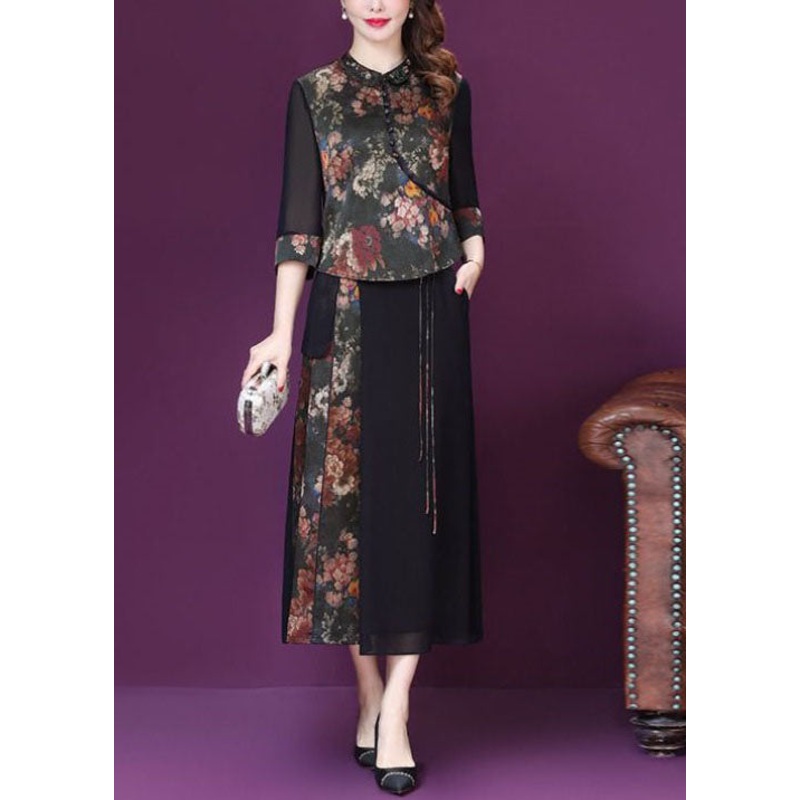 Vintage Black Stand Collar Print Silk Two Piece Set Women Clothing Spring