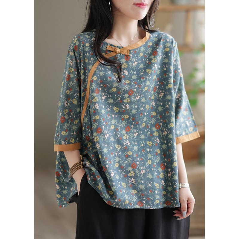 Vintage Blue Oversized Print Chinese Button Linen Blouse Top Half Sleeve