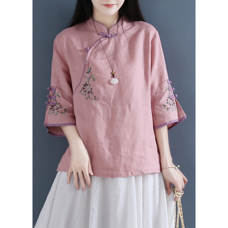 Vintage Pink Stand Collar Embroideried Button Top Long Sleeve