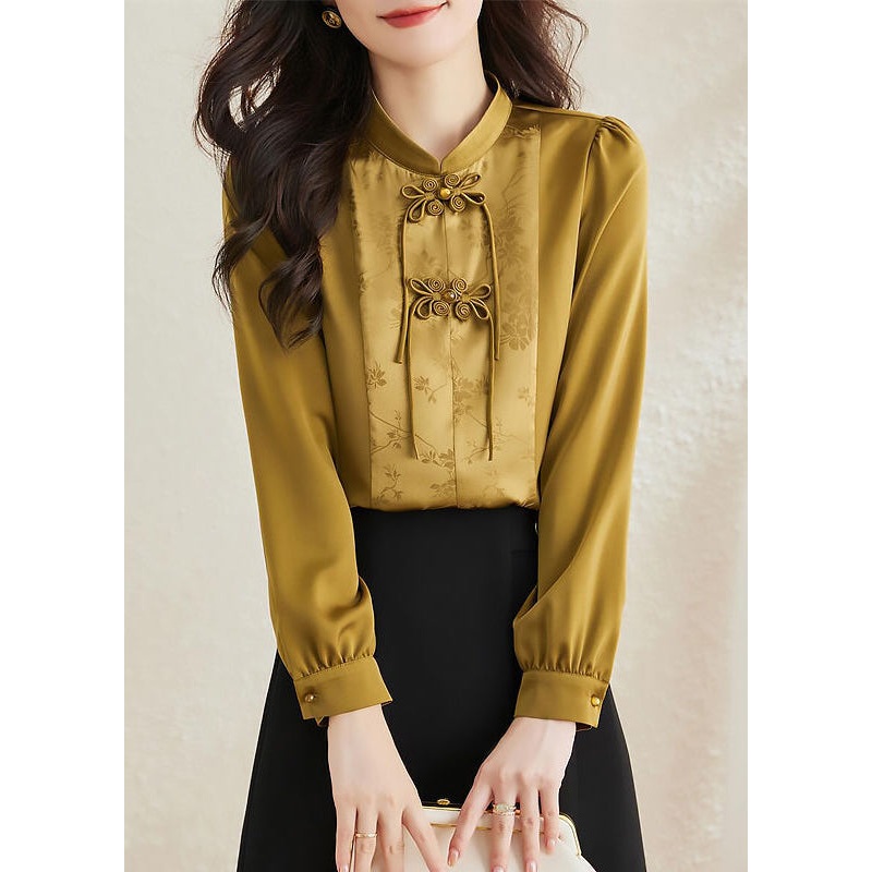 Vintage Yellow Stand Collar Patchwork Chiffon Shirts Spring
