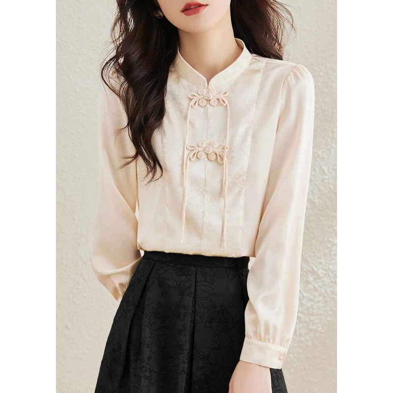 White Oriental Chiffon Shirts Chinese Button Jacquard Spring