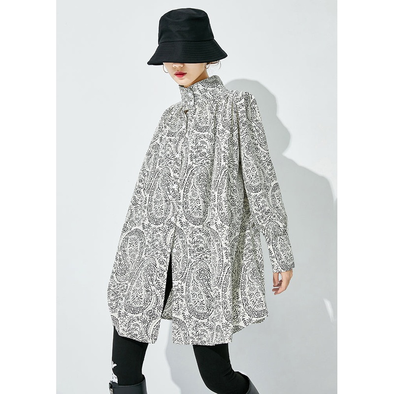 White Print Shirt Tops Stand Collar Oversized Spring