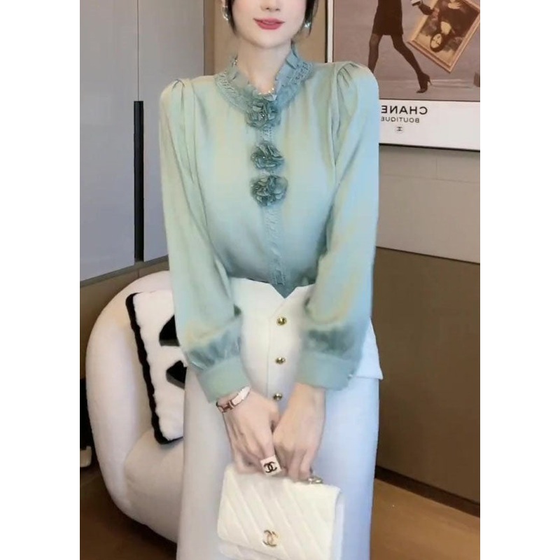 Women Blue Ruffled Patchwork Floral Chiffon Blouses Spring