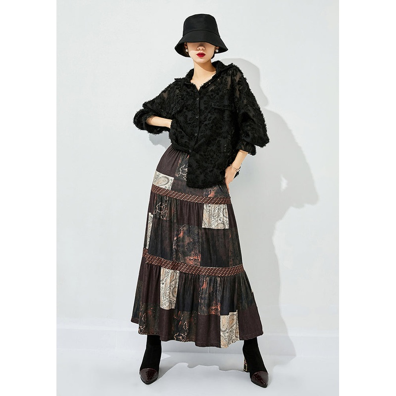 Women Brown Print Patchwork Wrinkled Silk Skirts Summer