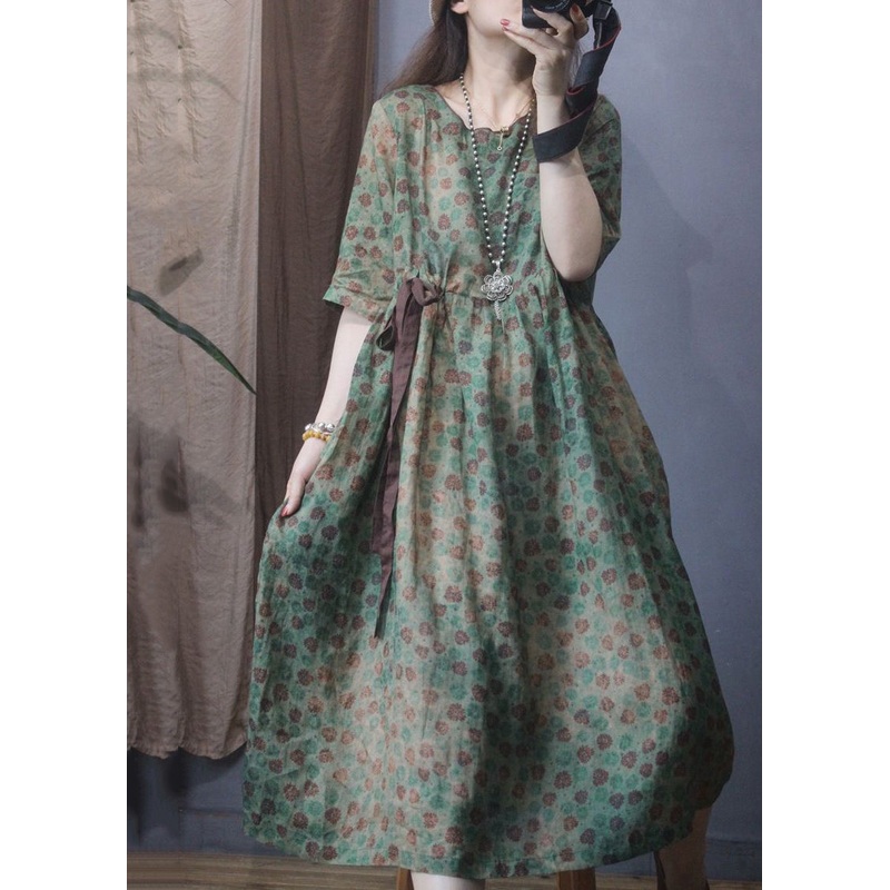 Women Green O-Neck Cinched Print Linen Long Dress Summer