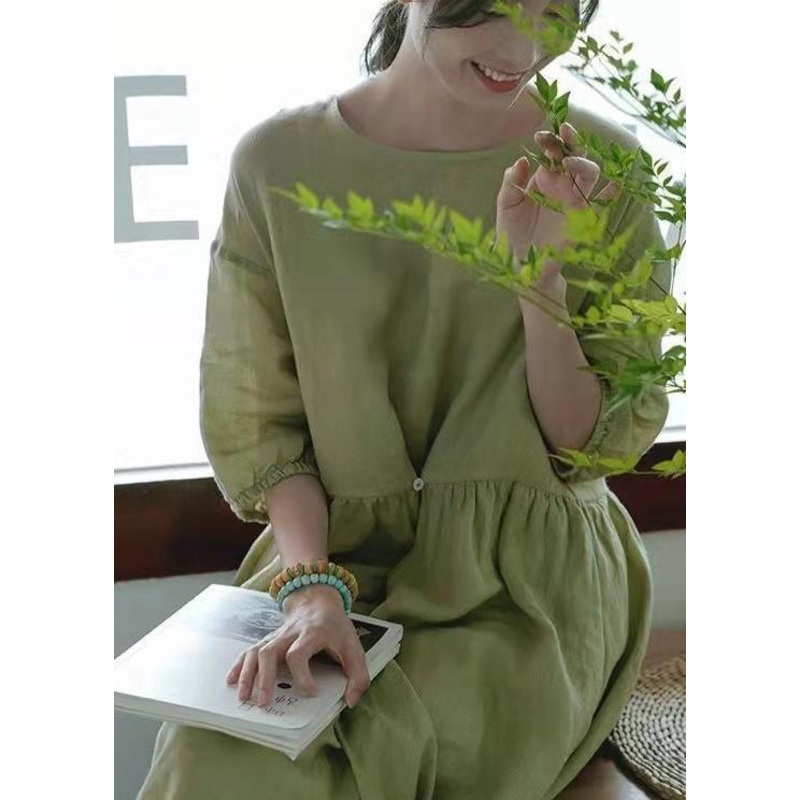 Women Green O-Neck Wrinkled Linen A Line Dress Half Sleeve