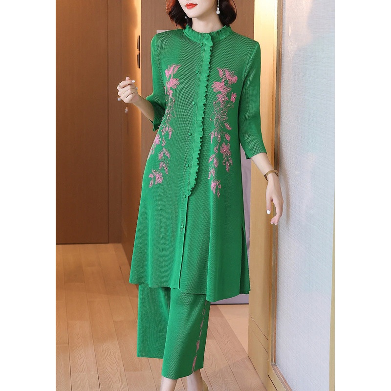 Women Green Stand Collar Print Nail Bead Long Shirts And Wide Leg Pants Two Piece Set Spring