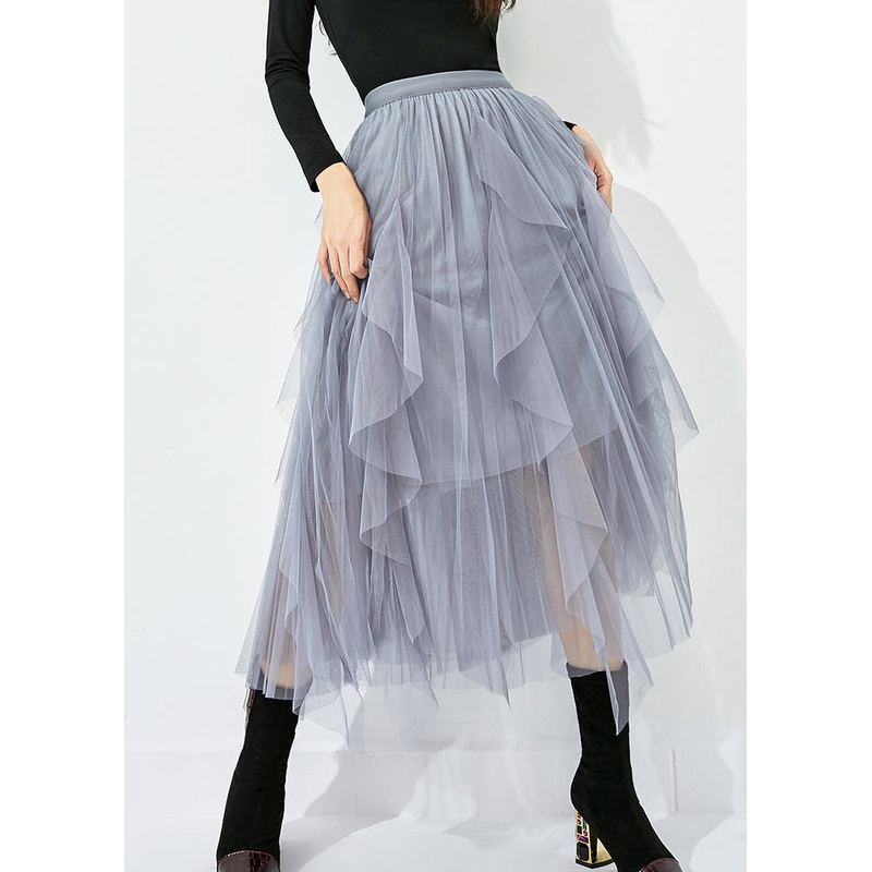 Women Grey Elastic Waist Exra Large Hem Tulle Skirt Summer